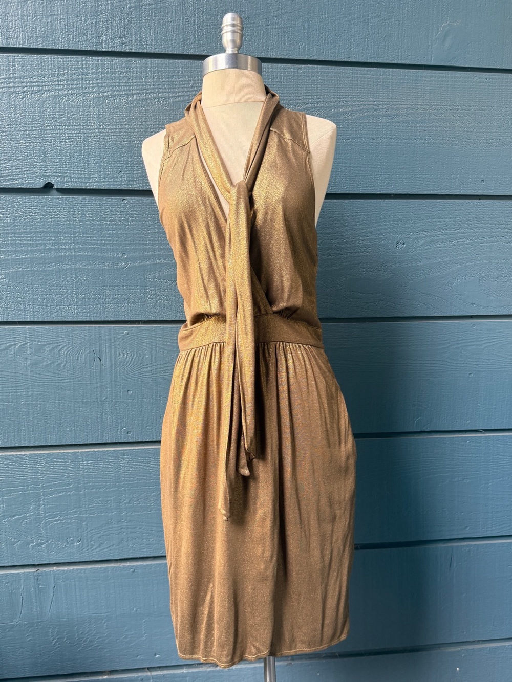 Y2K Laundry Metallic Bronze Halter Tie-Front Dress ✨🧡✨